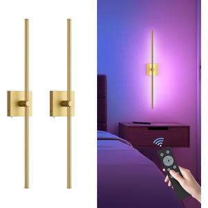 Battery Operated Wall Sconce with Remote Control, 10000mAh Dimmable Wall Sconces Set of Two, 2700K-6500K Adjustable, 7 RGB Colors, Rechargeable LED Wireless Wall Lights for Bedroom, Gold, 32 Inch
