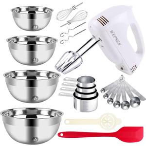 5-Speed Electric Hand Mixer, 4 Large Mixing Bowls Set, Handheld Mixers with Whisks Beater, Stainless Steel Metal Nesting Bowl Measuring Cups Spoons Kitchen Cake Blender for Baking Supplies