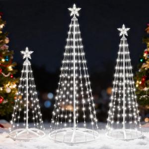 JOYIN 3 Pack LED Christmas Cone Tree Lights, 4FT 5FT 6FT Outdoor Lighted Tree with 8 Lighting Modes & Star Topper, Christmas Decorations for Yard Porch Patio Garden Holiday Decor, Cool White
