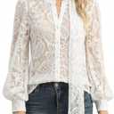 Lingswallow Womens Lace Blouses Puff Long Sleeve Button Down Lace Tops with Removable Tie Neck Lace Shirt for Work & Casual (White, M)