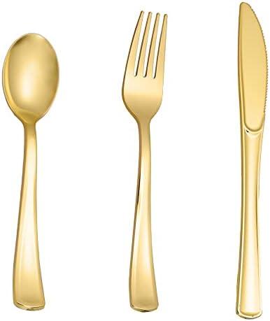 N9R Gold Plastic Silverware - Gold Plastic Utensils Set - Tableware Flatware Kit 43Forks, 10 Spoons, 8Knives Disposable Cutlery Set for Party, Wedding, Birthday