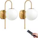 Battery Operated Gooseneck Wall Sconces Set of 2, Glass Globe Wireless Lights with Remote & Touch, Rechargeable Brushed Gold Sconce, 3 Color Dimmable Ambient Lighting for Bedroom Living Room (Curved Arm)