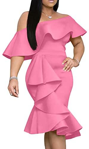 GOBLES Women's Elegant Off The Sholder Back Zipper Ruffles Bodycon Midi Cocktail Dress Carmine Rose, Size Medium GOBLES Women's Elegant Off The Sholder Back Zipper Ruffles Bodycon Midi Cocktail Dress Carmine Rose, Size Medium