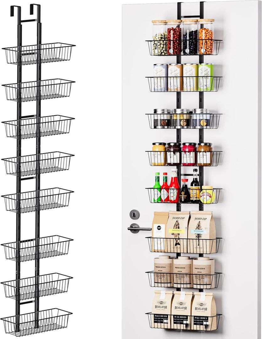 LUXEAR Over the Door Pantry Organizer, 8-Tier Adjustable Over the Door Hanging Spice Rack, No-Assembly Foldable Metal Over the Door Organizer for Kitchen, Home, Laundry Room, Bathroom