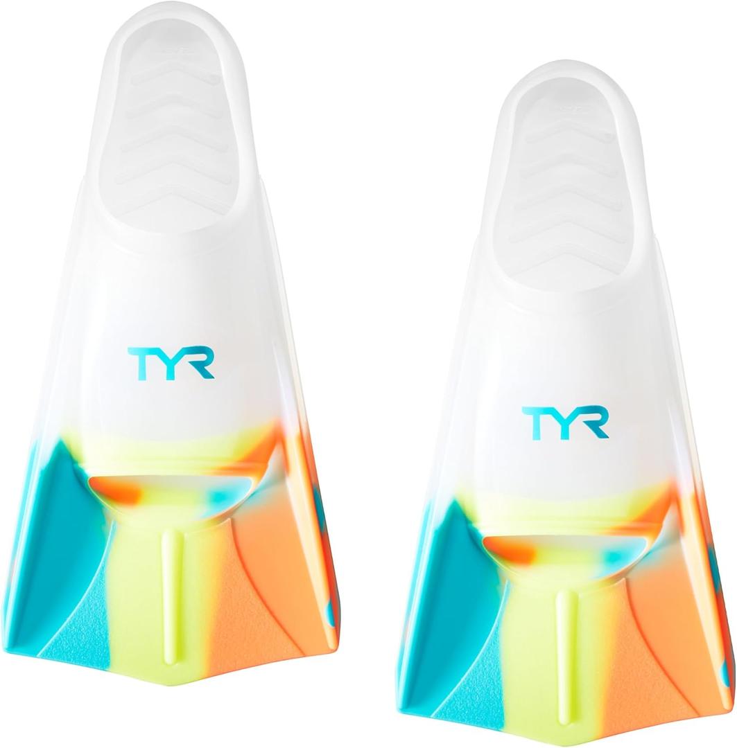 TYR Stryker Silicone Swim Fins - Adult Swimming Gear for Training and Racing (Small, Orange/Teal/Yellow/Clear)