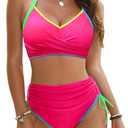Blooming Jelly Womens High Waisted Bikini Sets Drawstring Tummy Control Swimsuits Crisscross Tie Back Bathing Suit (Pink, M)