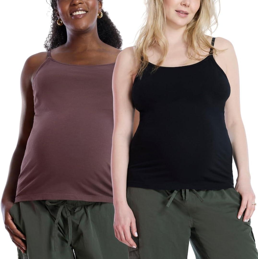 Motherhood Maternity Women's Clip Down Nursing Tank Top Cami with Adjustable Straps for Breastfeeding-2 Pack (Black/French Roast)