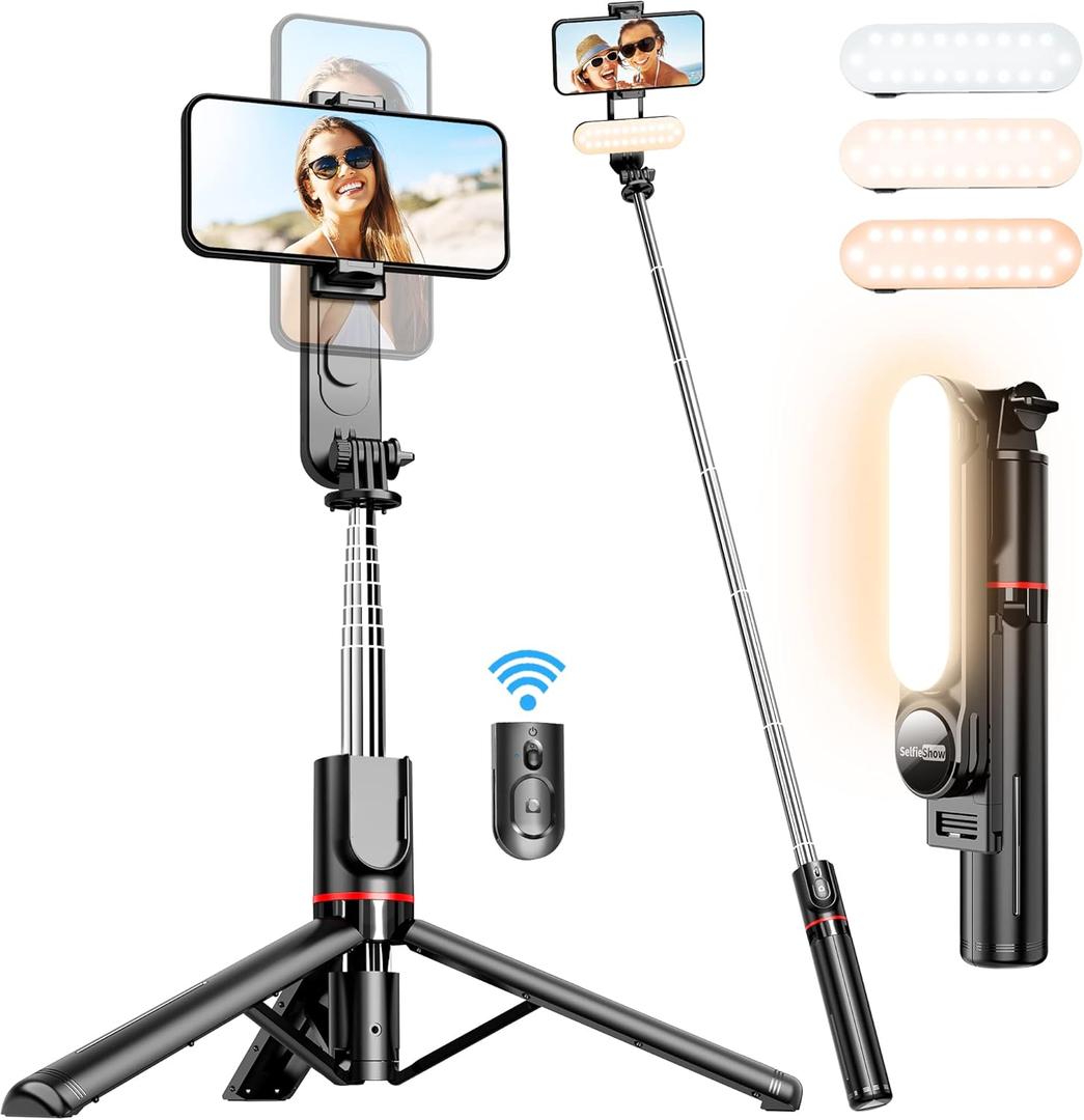Stable Selfie Stick Tripod with Fill Light, 44 Inch Extendable Selfie Stick with Wireless Remote and Tripod Stand 360 Rotation for iPhone 15/14/13/12/11 Pro/XS Max/XS/XR/X/8/7, Samsung and Smartphone (Black)