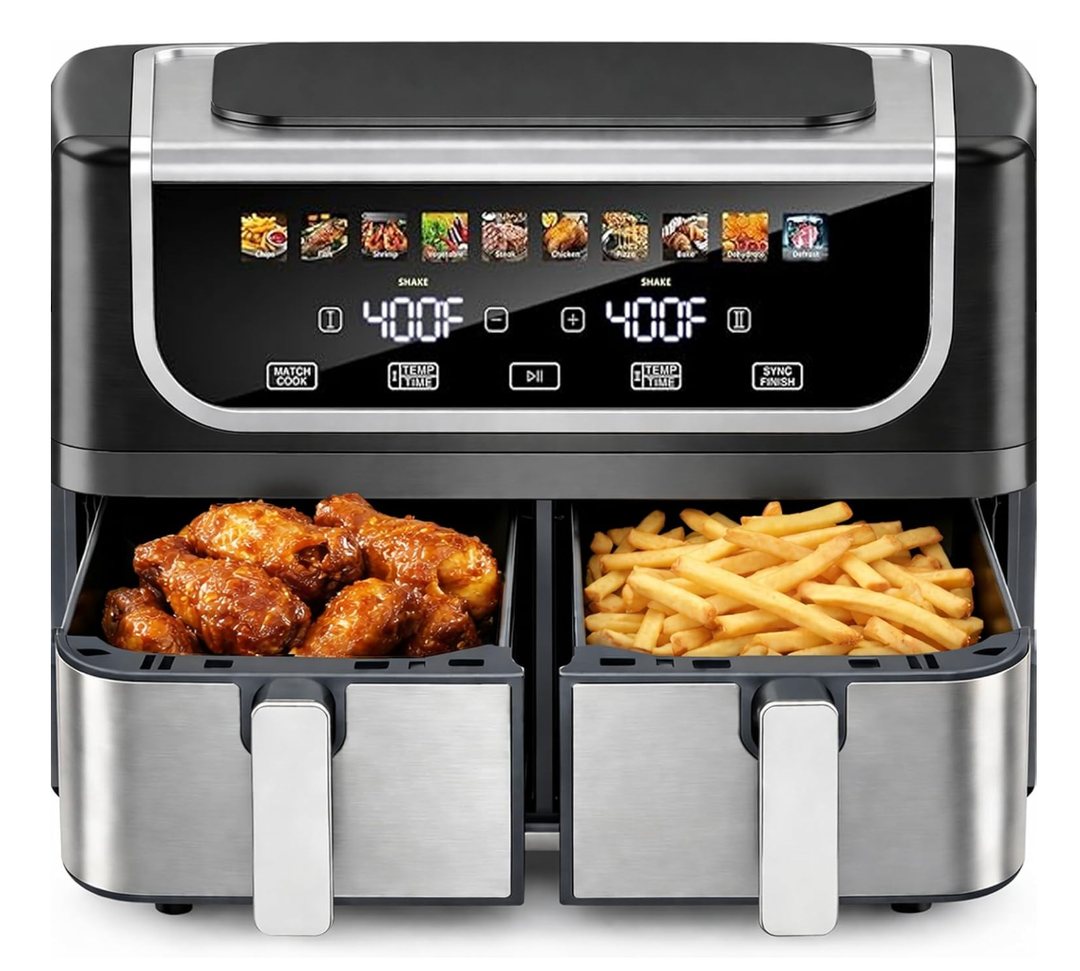 Simple Deluxe 9.5-Qt Dual Basket Air Fryer, 10-in-1 Digital Preset 1700W Airfryer, Sync Cook, Independent Temp Control, Shake Reminder, Nonstick Basket, Black
