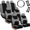 FH Group 3 Row Set 7 Seater Light & Breezy Flat Cloth Car Seat Covers, Combo Steering Wheel Cover & Seat Belt Pads, Airbag and Split Rear, Universal Fit for Cars Trucks, SUV, Gray