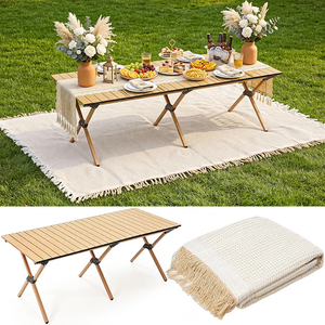 Wesiti 2 Pcs Low Picnic Table Foldable Lightweight Picnic Table Set 59" x 21" with Extra Large Outdoor Camping Blanket Sandproof Boho Beach Woven Cotton Yarn Blanket for Camping Beach Patio