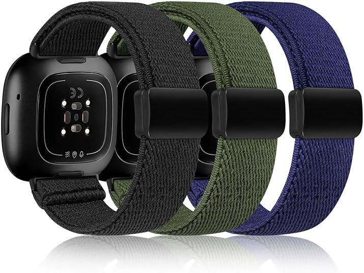TOYOUTHS 3 Pack Magnetic Stretchy Band Compatible with Fitbit Versa 4/Fitbit Versa 3/Sense 2/Sense Smartwatch, Soft Elastic Bracelet Nylon Braided Sport Loop Strap for Women Men