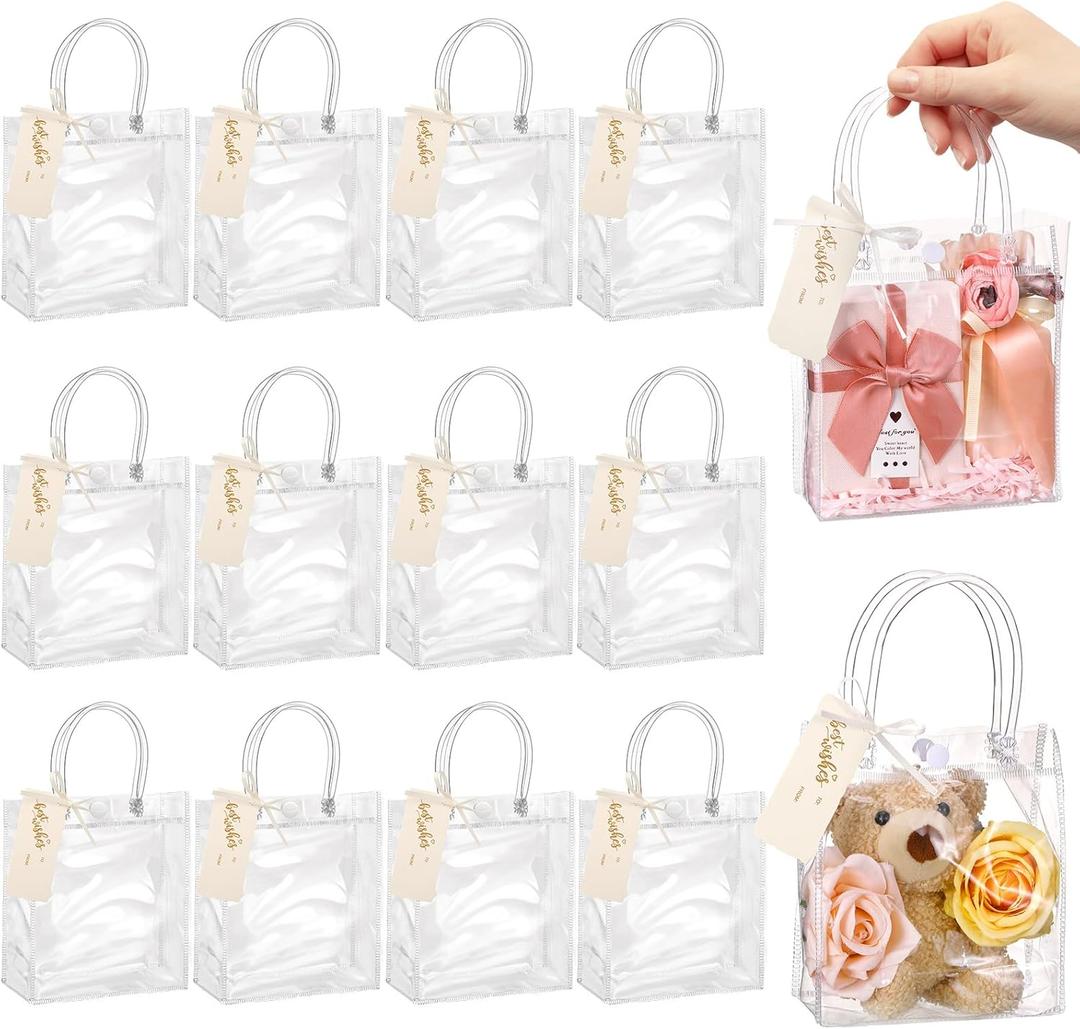 HairChrysm 12 Pack Clear Gift Bags with Handles, 5.1" L x 2.75" W x 5.9" H - Small Plastic Party Favors Bags for Wedding Birthday Baby Shower Includes Gift Tags & Ribbon Candy Tote Goodie Bag Bulk