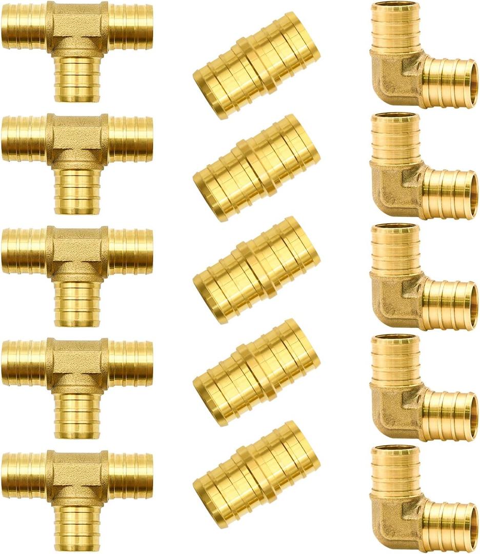 15pcs 3/4" PEX Fittings, Elbow TEE Straight Couplings Set, PEX Brass Crimp Fitting Combo with Tees, Elbows, Straights