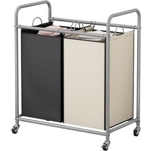 SUOERNUO Laundry Sorter Basket 2 Bag Laundry Hamper Cart with Rolling Lockable Wheels and Removable Bags Laundry Organizer Cart for Clothes Storage, Assorted