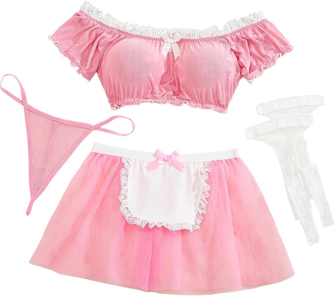 Aranmei Lingerie for Women Sexy Lingerie Sets Mini Mesh Skirt with Thong 4 Pieces(with Stockings) (Pink, XL)