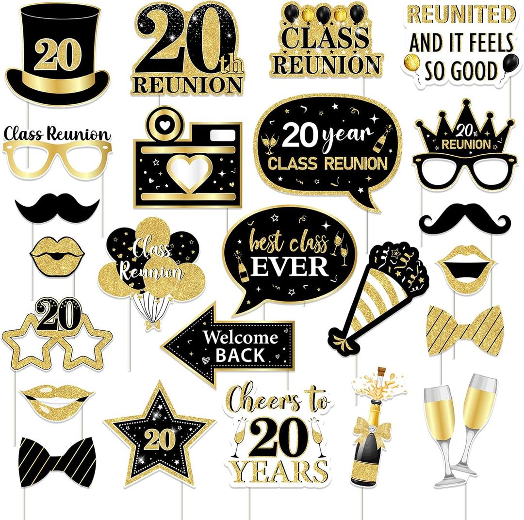 24PCS Class Reunion Photo Booth Props Black Gold 20th Class Reunion Decorations Class of 2006 Reunion Decorations Class Reunion Selfie Props for High School Reunion Welcome Back Party