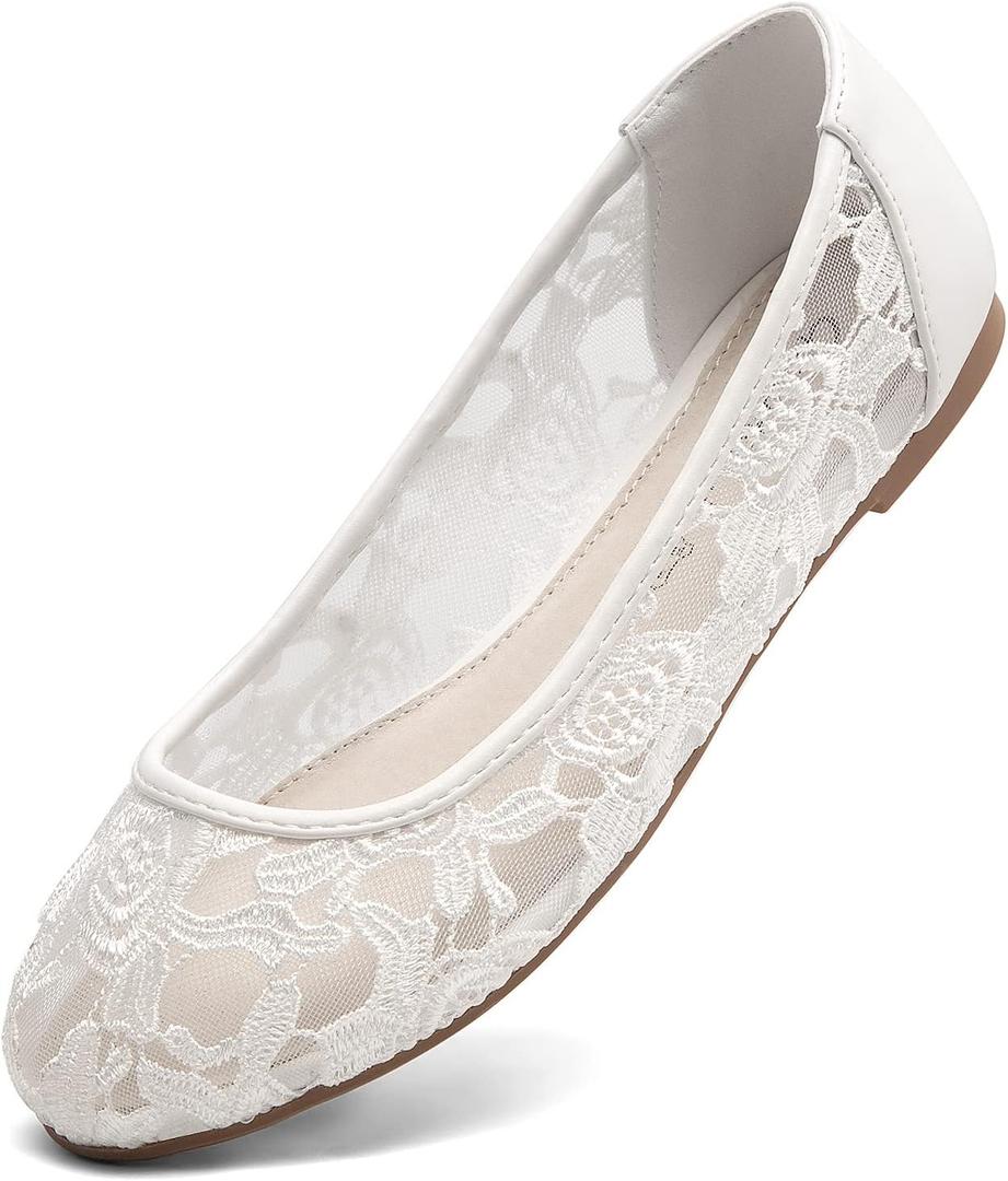 Greatonu Women's Ballet Flats Round Toe Slip on Lace ballerina Flat Comfortable Wedding Casual Dressy Floral Flats Shoes (7, White)