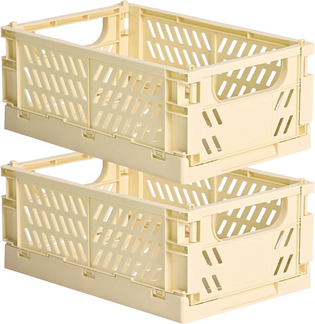 HUUSMOT 2Pack Small Pastel Plastic Storage Baskets, Collapsible Crates for Organizing, SpaceSaving Mini Bins for Classroom, Kitchen, Office, Bedroom (Yellow, 9.8" x 6.5" x 3.8")