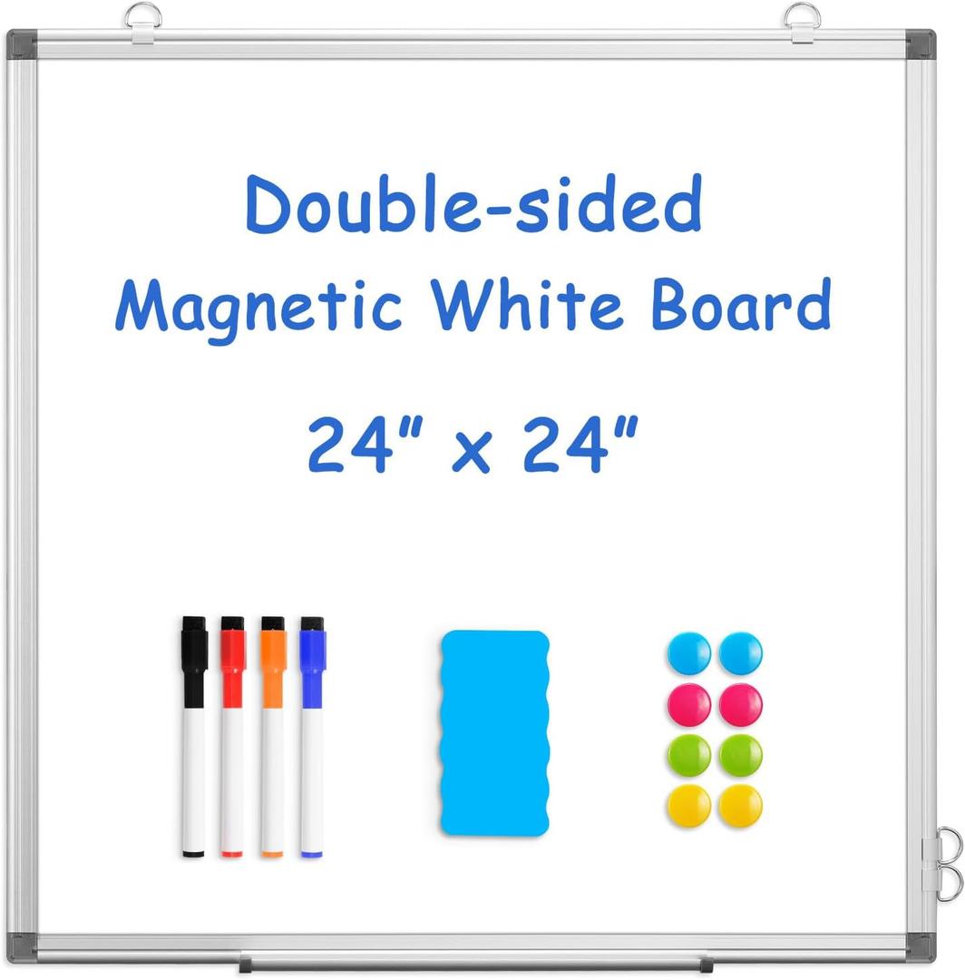 WALGLASS Double-Sided White Board, 24" x 24" Dry Erase Board Magnetic Whiteboard for Wall, Hanging Mounted Whiteboard Silver Aluminium Frame for Home, School, Office, Kitchen (White 1-pack)