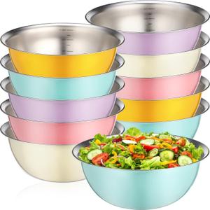 10 Pcs Stainless Steel Mixing Bowls 68 oz Metal Salad Bowls with Graduations Reusable Baking Food Containers Nesting Camping Bowl for Ice Cream, Salad, Soup, Baking, Sauces(2000ml)