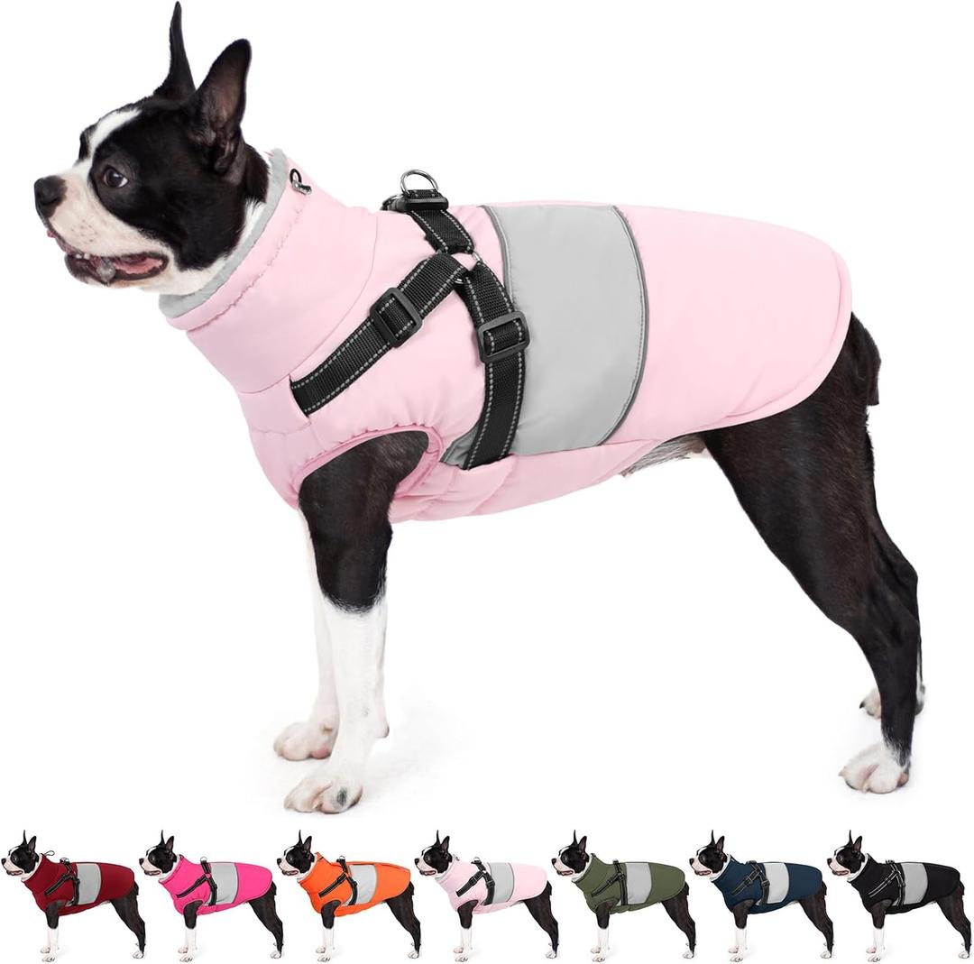 AOFITEE Dog Coat, Waterproof Dog Jacket Winter, Dogs Coat with Harness Built in, Warm Dogs Puffer Jacket with Zipper, Reflective Pet Snowsuit Sweater for Dachshund, French Bulldog, Boston Terrier, M (Pink)