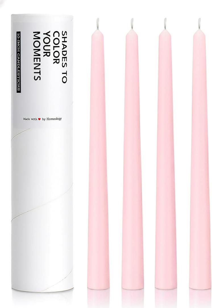 10" Classic Taper Candles, Blush Pink, 4-Pack, 7-8 Hours Long Burning, Unscented Tall Candlesticks