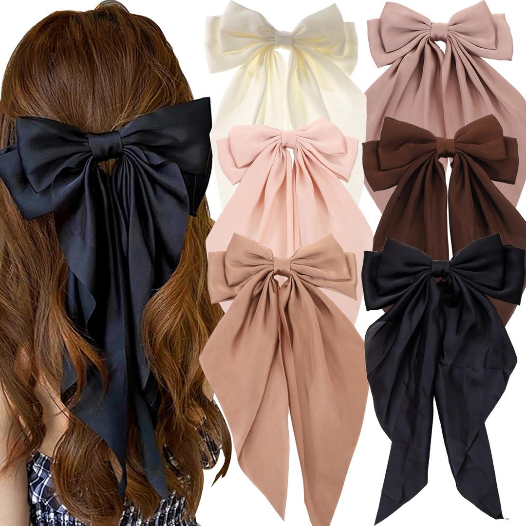 6 PCS Oversized Hair Bows, Big Bows for Girls and Women, Hair Ribbons (Beige, light pink, khaki, dark brown, dark brown, black)