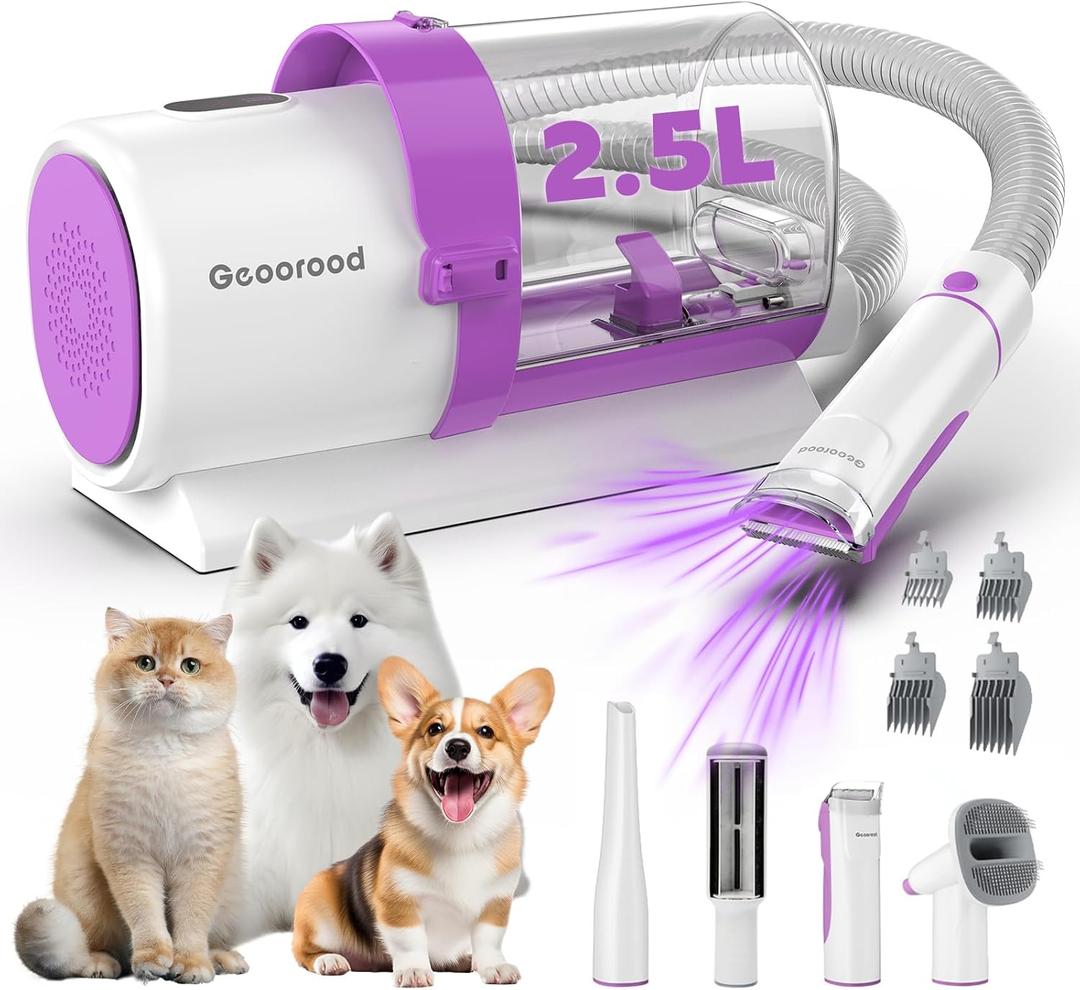 geoorood Dog Grooming Vacuum Kit, 2.5L Dust Cup Pet Grooming with Clippers for Dogs Cats Hair Shedding Brush at Home Purple