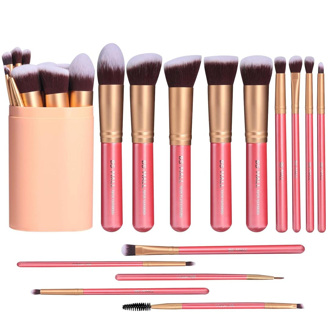 BS-MALL New 14 Pcs Makeup Brushes Premium Synthetic Kabuki Makeup Brush Set Cosmetics Foundation Blending Blush Eyeliner Face Powder Brush Makeup Brush Kit(golden Pink) (E-GoldenPink)