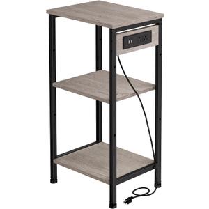 Tall End Table with Charging Station, 3 Tier Narrow Beside Table with Adjustable Shelf, Tall Side Table Nightstand for Bedroom, Living Room Coffe Table, Office, Greige