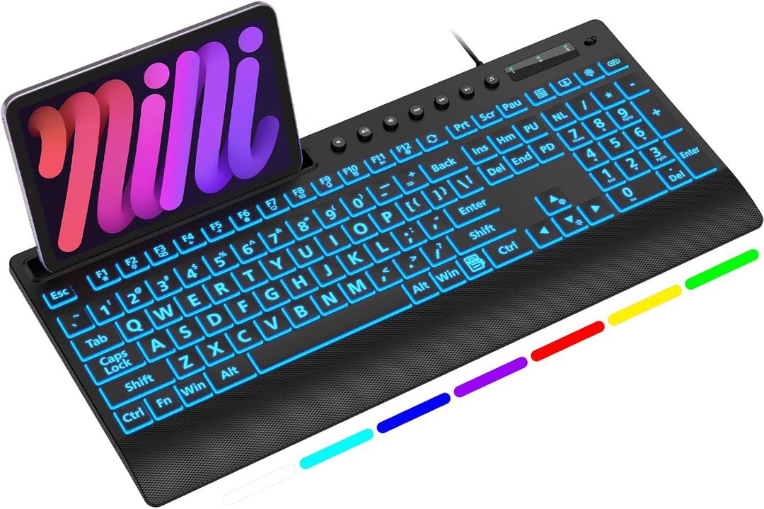 SABLUTE K31PRO Large Print Backlit Keyboard, USB Wired Computer Keyboard, with Illuminated LED Memory Function, Phone Holder & Wrist Rest, Full Size Keyboards for Windows Desktop, Laptop