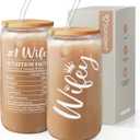 SANDJEST Wife Glass Can, Wifey Cup with Lid & Straw, Iced Coffee Aesthetic Cups, Idea Gift for Christmas Marriage Birthday Anniversary Valentine, Gifts for Women, 16oz