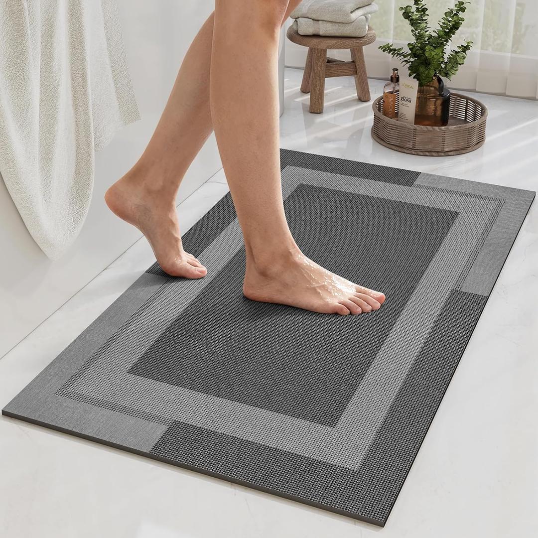 Non Slip Bath Mat, Rubber Backing Ultra Thin Bathroom Rugs Fit Under Door Quick Dry Super Absorbent Washable Bath Rug Shower Mat for Bathroom Floor Bathtub Sink, Easy Care Dark Grey 16"x24"
