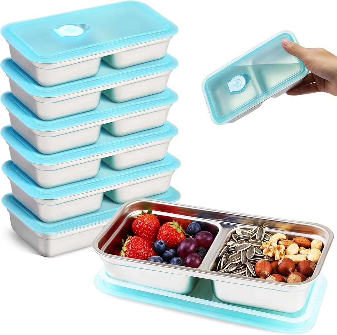 6 Pack Grab and Go Snack Containers, Stainless Steel Reusable Double Compartment Snack Box Containers with Lids Dishwasher Safe Travel & Outdoor Camping Portable Food Storage (6 Pack Sliver)