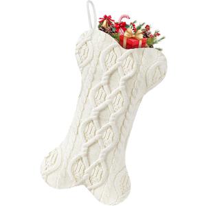 Dog Christmas Stocking, Knit White Dog Bone Shape Christmas Stockings, 18.5 Inches Large Pet Hanging Christmas Stockings for Dogs Puppys Pets