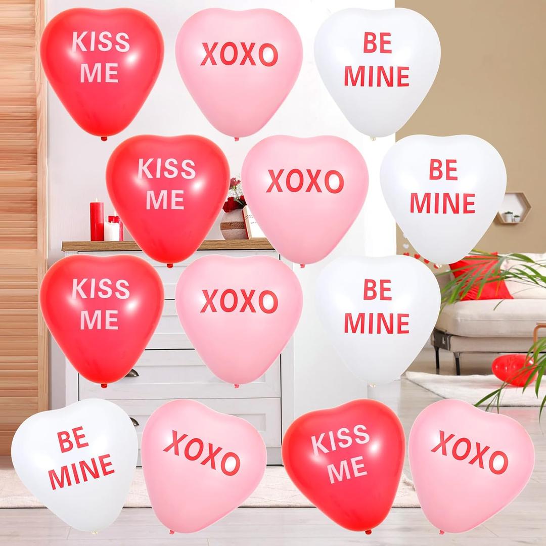 3 x 30 Pcs 12 Inch Valentine's Day Inflatable Heart Outdoor Decorations with Romantic Love Quotes, Reusable Latex Balloons for Yard Decors Wedding Anniversary Party