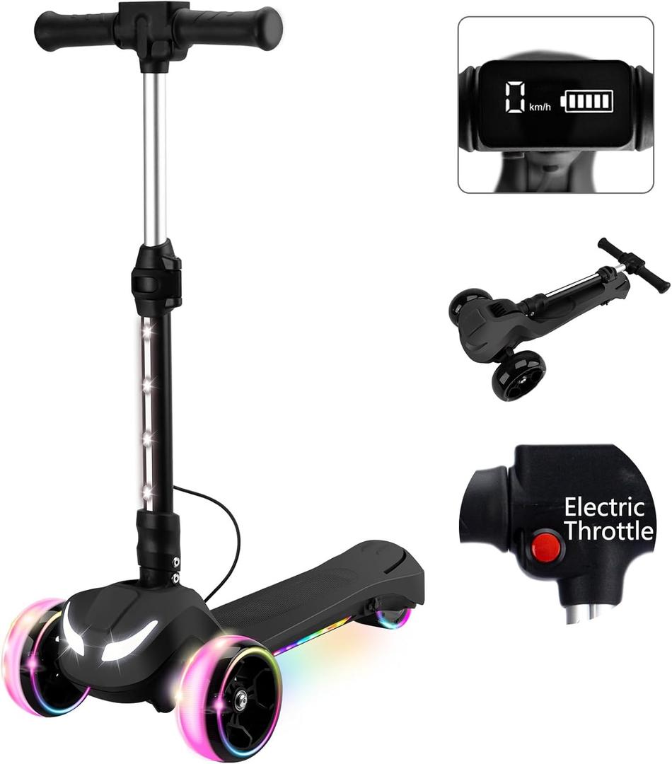 24V Electric Scooter for Kids w/150W Powerful Motor, Thumb Throttle, LCD Screen, Bluetooth, Light-Up Stem Deck & Wheels, 3 Adjustable Heights, 5MPH Safe Speed, 3 Wheel Electric Scooter for Kids (Black)