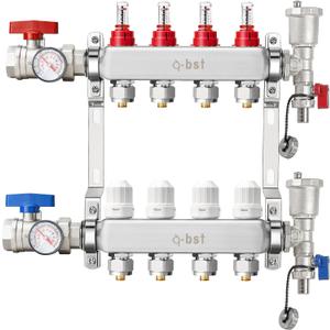 ABST PEX Manifold,4 Loop Stainless Steel Floor Radiant Heat Manifold Kit with 1/2" Adapters Included for Hydronic Radiant Floor Heating