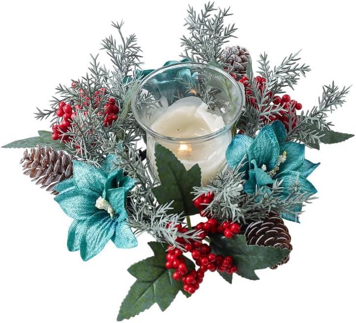 Christmas Candle Ring Wreaths Poinsettia Berries Pinecones Candle Ring Holder for Christmas Table Centerpiece Window Chair Wall Dcor (Light Blue)