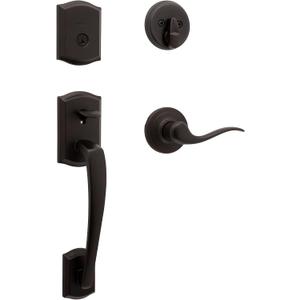 Kwikset Prescott Front Door Lock Handle and Deadbolt Set, Entry Handleset Exterior with Interior Reversible Lever, Venetian Bronze, Pick Resistant SmartKey Rekey Deadbolt Security