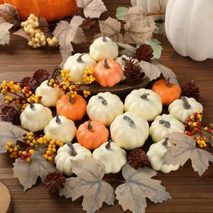 Geelin 34 Pcs Thanksgiving Assorted Artificial Pumpkins Set Fall Mini Fake Pumpkins with Maple Leaves Pinecones Berries Autumn Harvest Decoration for Thanksgiving Bowl Filler Table Centerpiece Decor