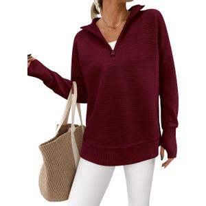 PRETTYGARDEN Womens Long Sleeve Quarter Zip Pullover Sweater Casual Loose V Neck Collared Ribbed Knit Jumper Tops Thumb Hole (X-Large)