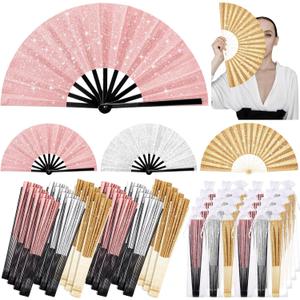 24 Pcs Large Folding Hand Fans for Line Dancing, Fan with Bag Clapping Popping Raves Fans Bulk for Wedding Edm Club Party Decoration(Gold Rose, Gold, Silver)