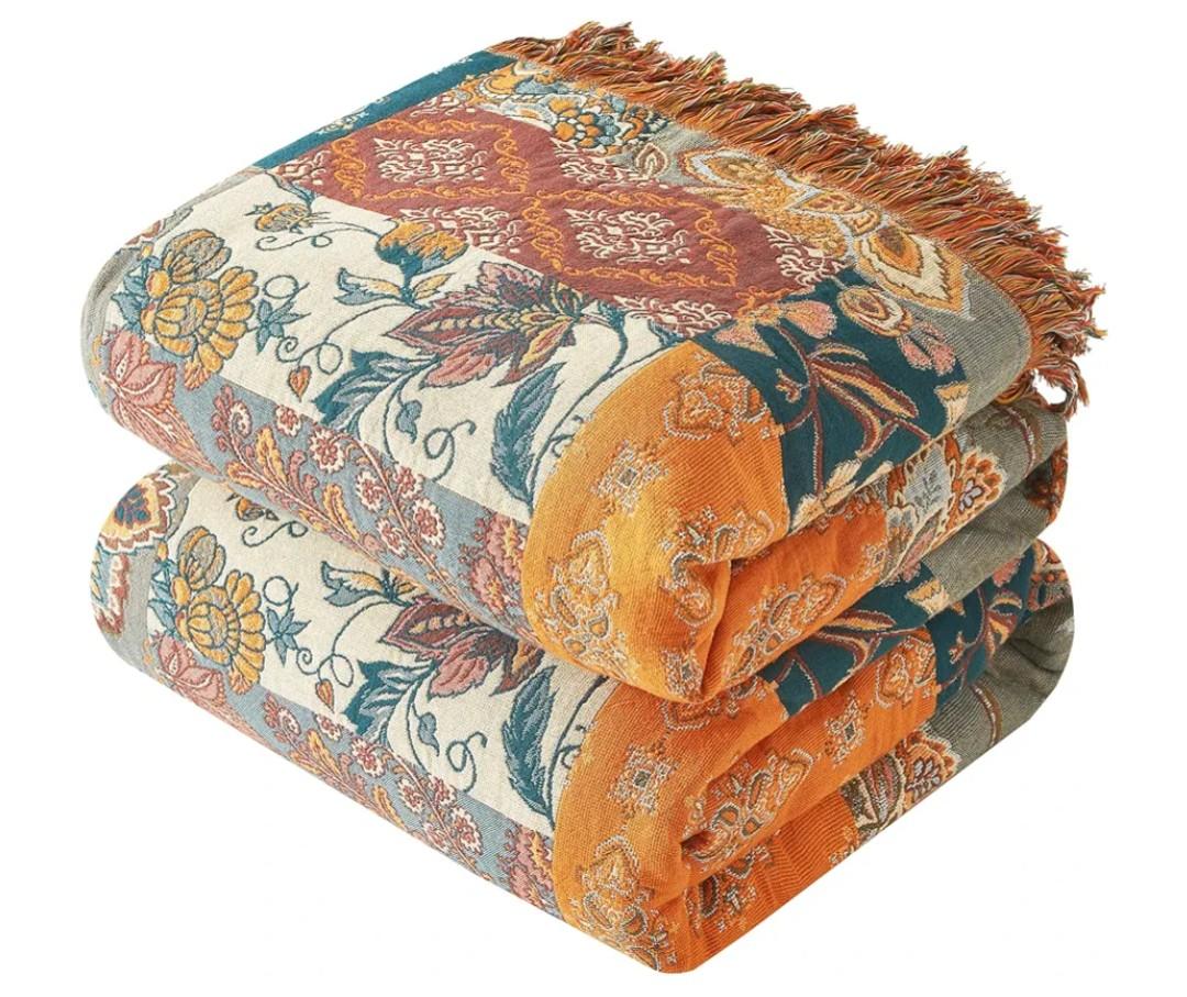 Bailix Boho Throw Blanket for Couch Sofa Bed, 100% Cotton Woven Quilt with Tassel 60”x80”, Super Soft Muslin Blanket with Floral Printed, Decorative Reversible Bed Blanket/Cover for All Seasons
