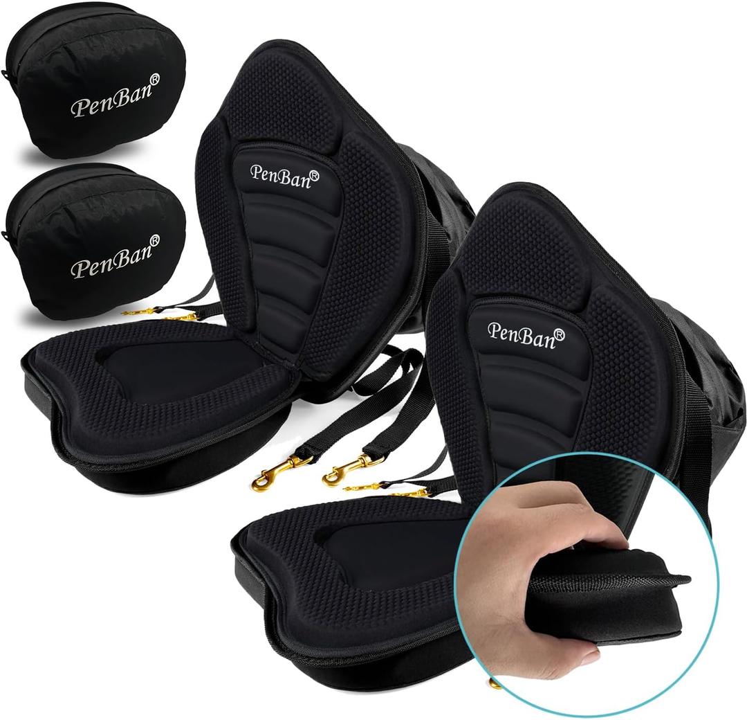 Universal Deluxe Kayak Seat Cushion with Storage Bag for Kayak,Padded Boat,SUP,Canoe,Fishing Boat,Seats with 4 Adjustable Straps (Thicken 2 Pack Black)