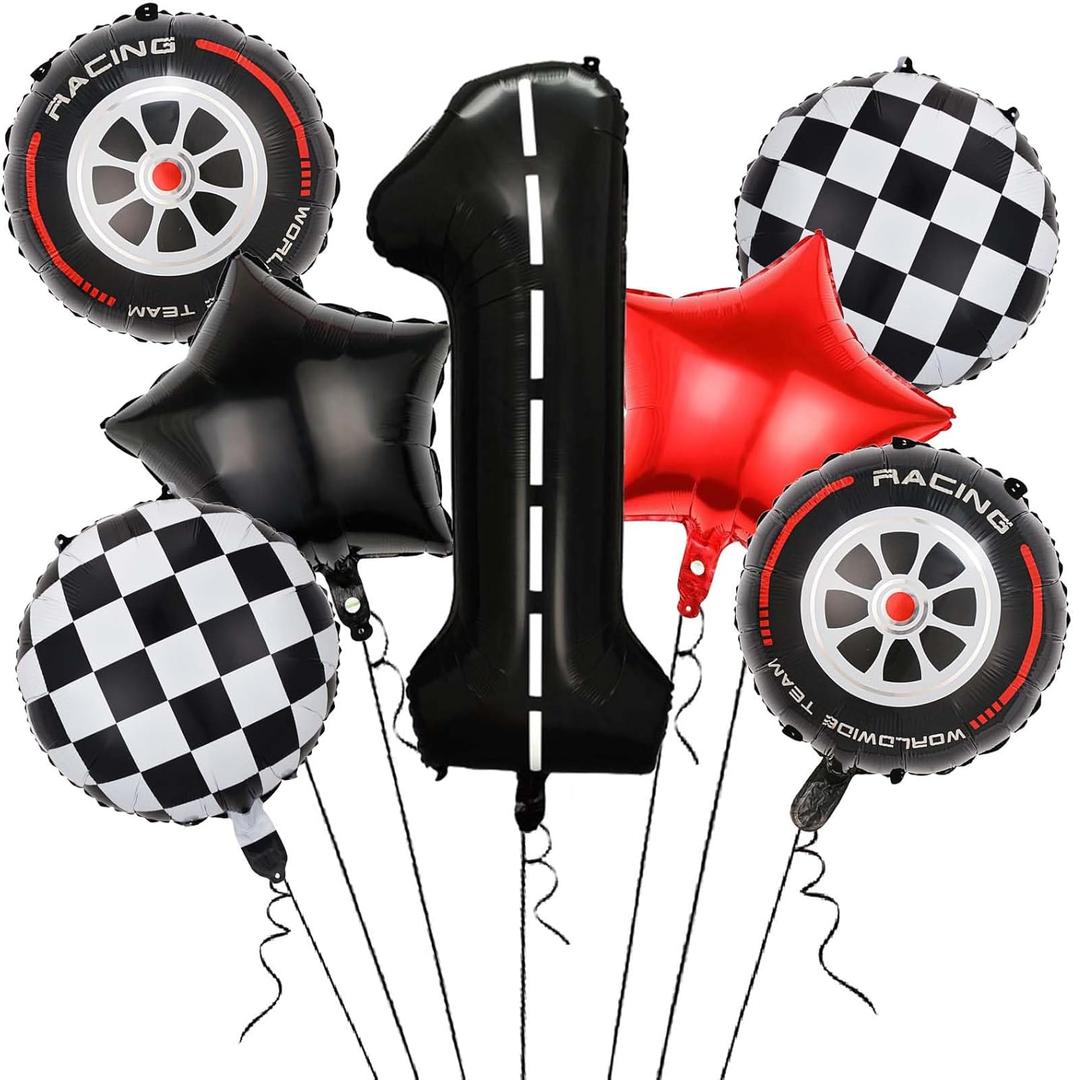 Race Car Balloons,40 Inch Racetrack Number 1 Balloons,Big Number Balloons Black for 0st Birthday Race Car Theme Party Decor Supplies 7 Pcs