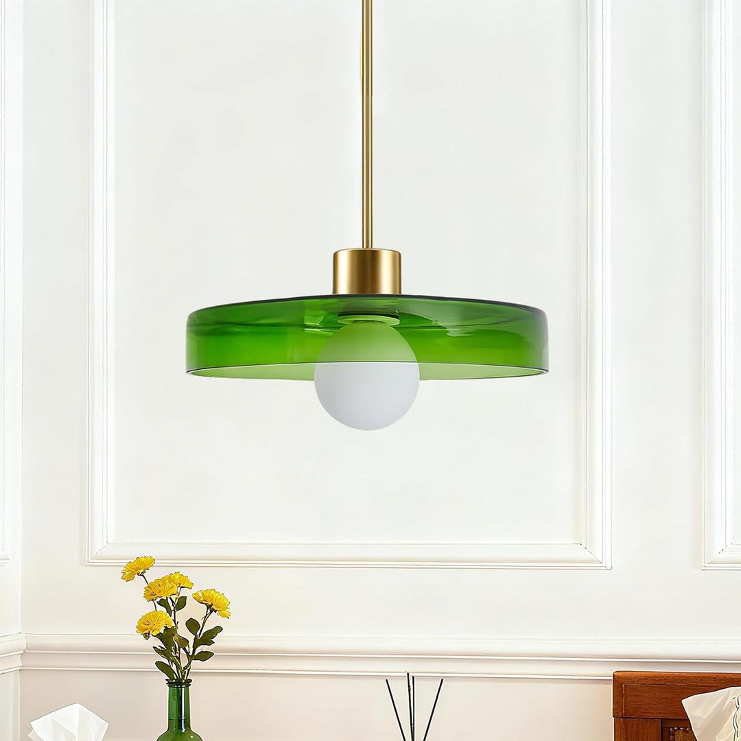 Pendant Lights Kitchen Island: Mid-Century Modern Hanging Light Fixture - Glass Pendant Lamp for Entryway Dining Room Over Table Bedside (Green, 35cm/13.78inch)