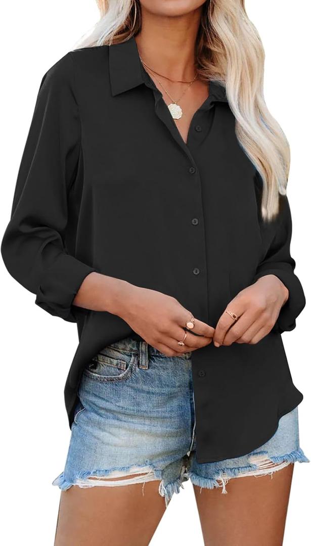 siliteelon Womens Button Down Shirts Solid Dress Shirts Long Sleeve Flowy Collared Work Office Business Blouses Chiffon Tops (3X-Large, All Black)
