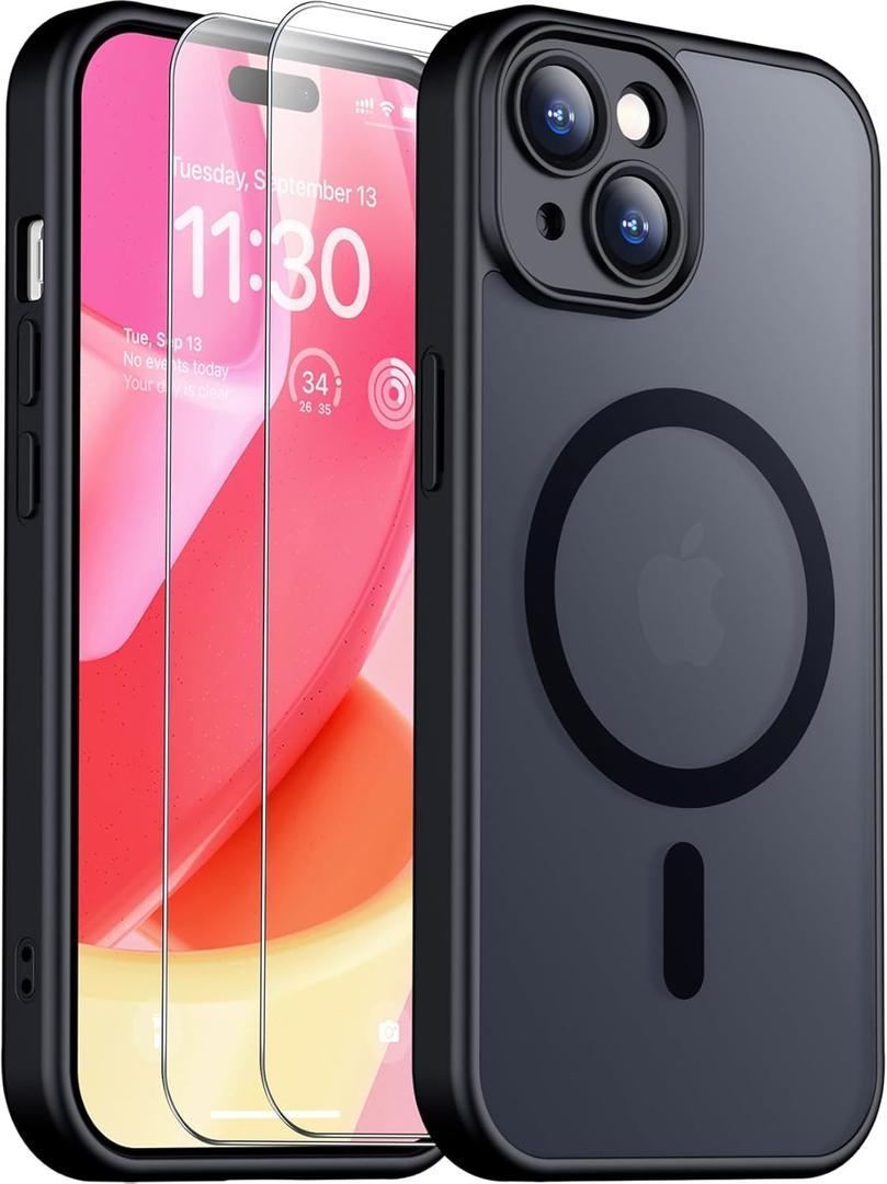 SPIDERCASE for iPhone 15 Case, Magnetic with [2 Tempered Glass Screen Protector] [Full Camera Protection] Anti-Scratched Slim Phone Case for iPhone 15 6.1, Black